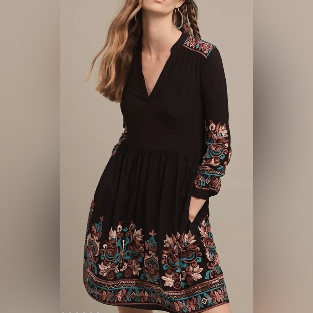 FLOREAT Size Large Gorgeous Embroidered Black Bohemian Dress from Anthropology